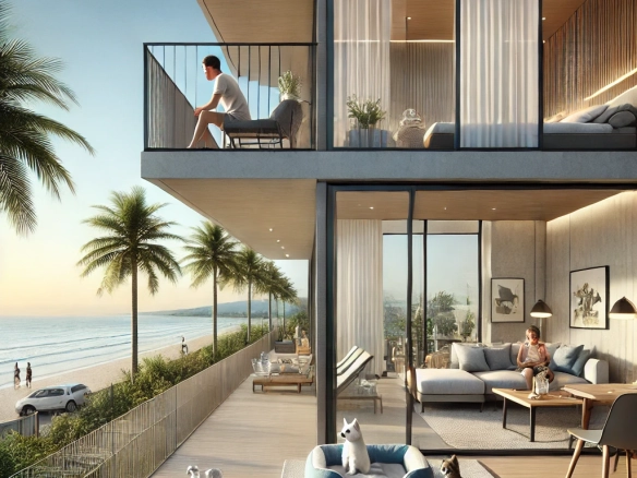 Pet-friendly beachfront condo in Hua Hin with a balcony, a small dog, and an ocean view.