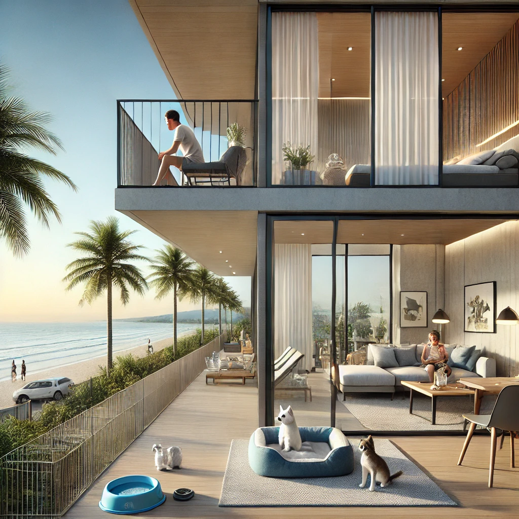 Pet-friendly beachfront condo in Hua Hin with a balcony, a small dog, and an ocean view.