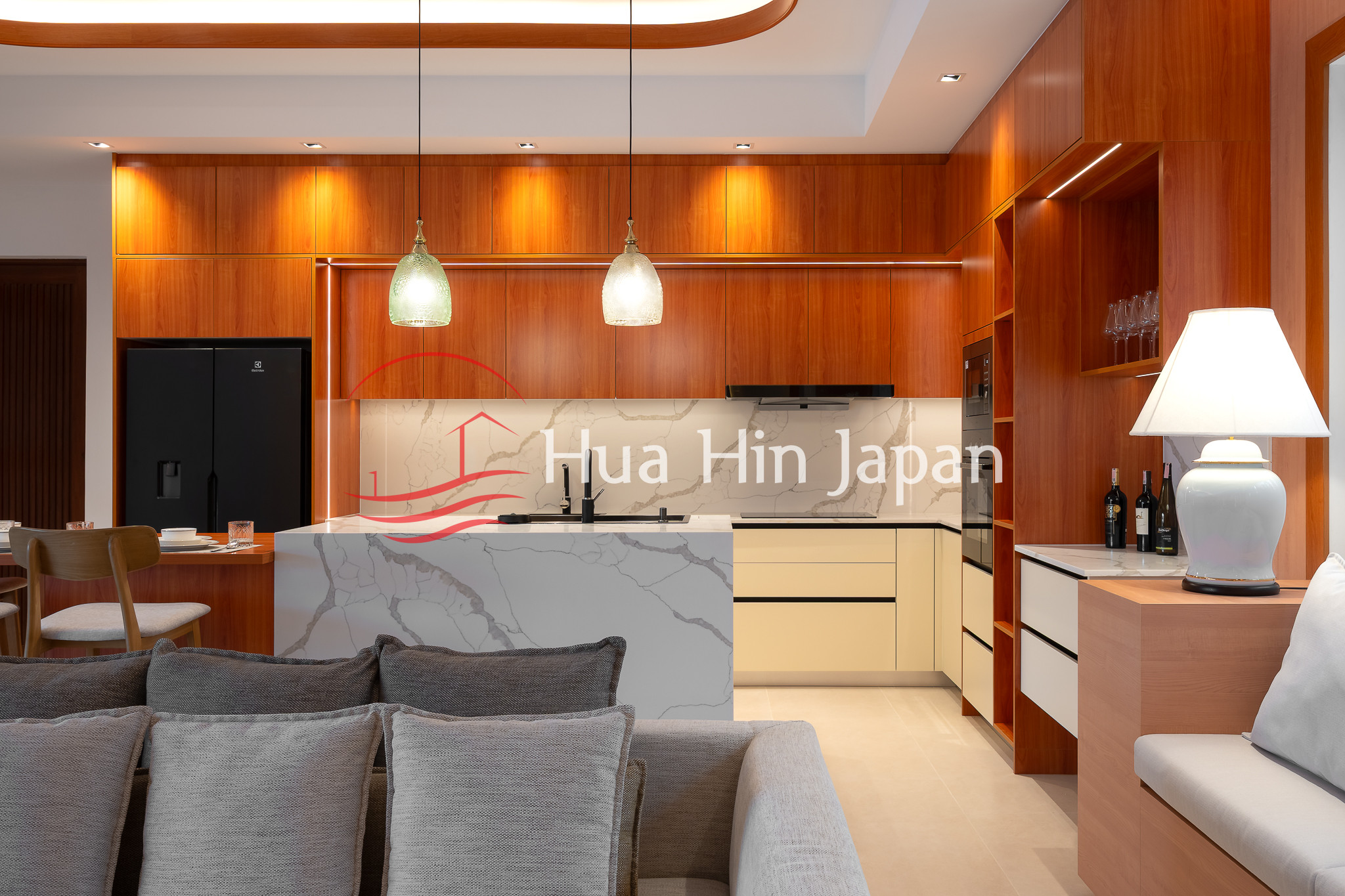 3-4 Bedroom Balinese Pool Villa kitchen area, drawing and dining area