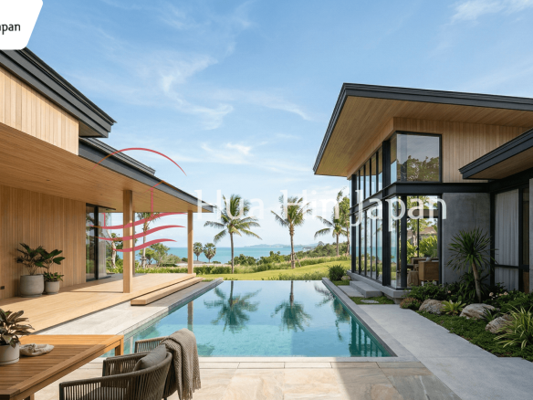 A luxury modern villa in Hua Hin, Thailand, featuring Japanese minimalist architectural design, a private infinity pool, and coastal views, representing high-quality construction standards.