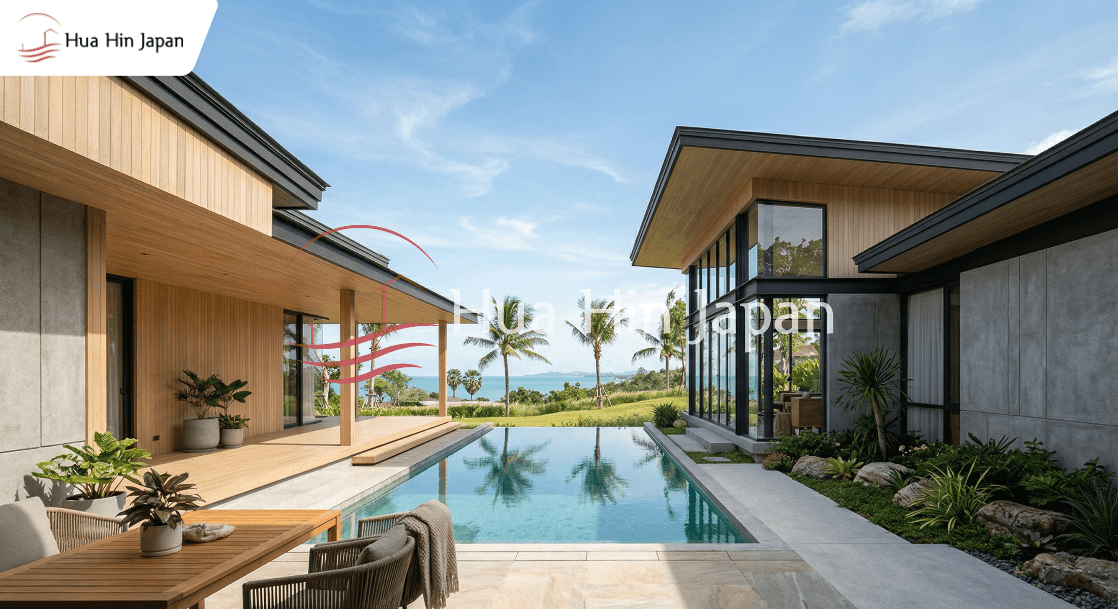 A luxury modern villa in Hua Hin, Thailand, featuring Japanese minimalist architectural design, a private infinity pool, and coastal views, representing high-quality construction standards.
