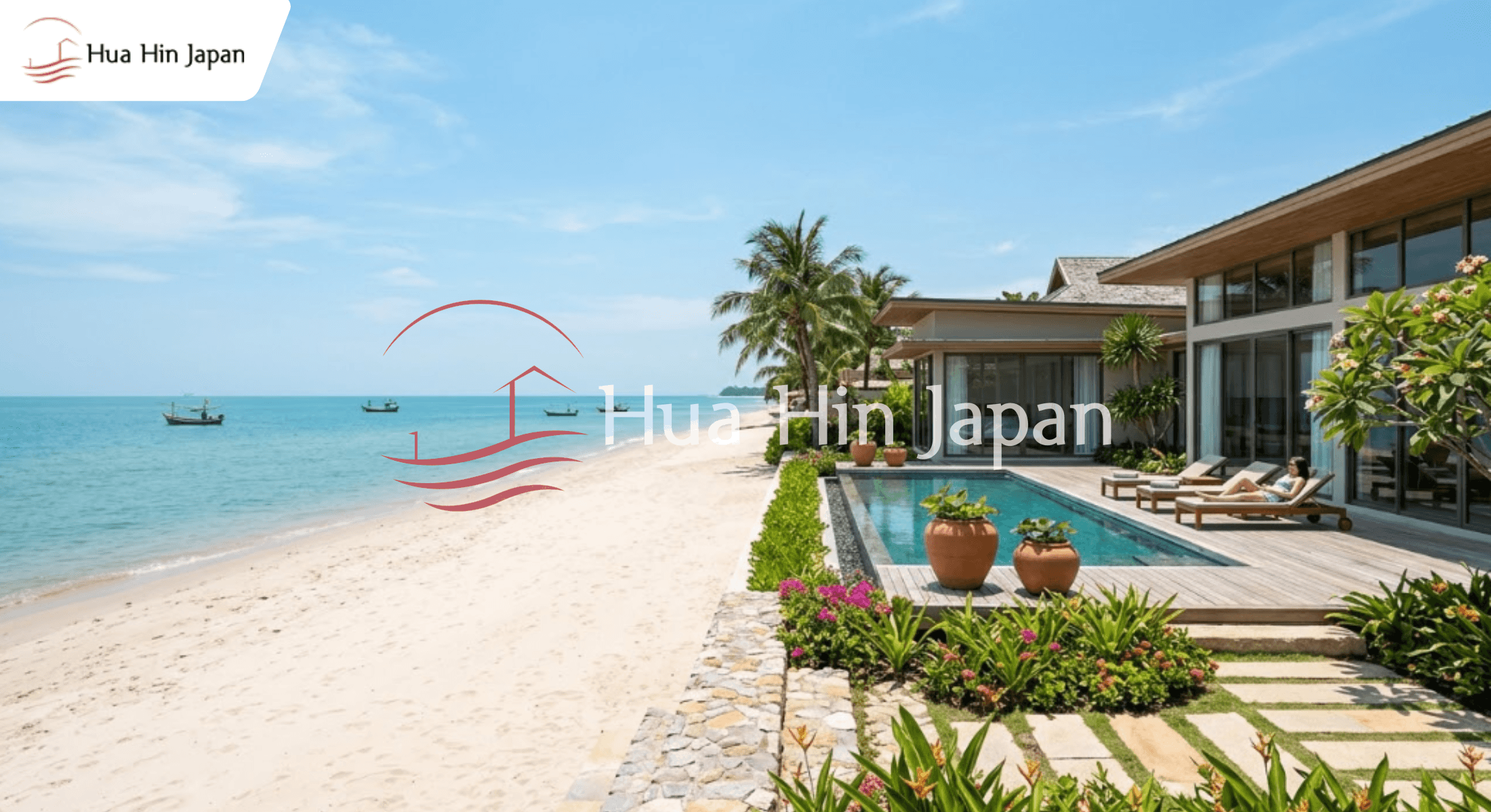 Modern luxury beachfront villa with private pool and ocean view, representing a professional property listing in Hua Hin, Thailand.