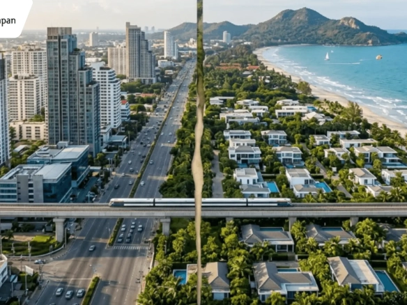 Split-screen aerial view comparing the dense urban skyline and transit infrastructure of Bangkok with the calm turquoise coastline and luxury pool villas of Hua Hin, Thailand.