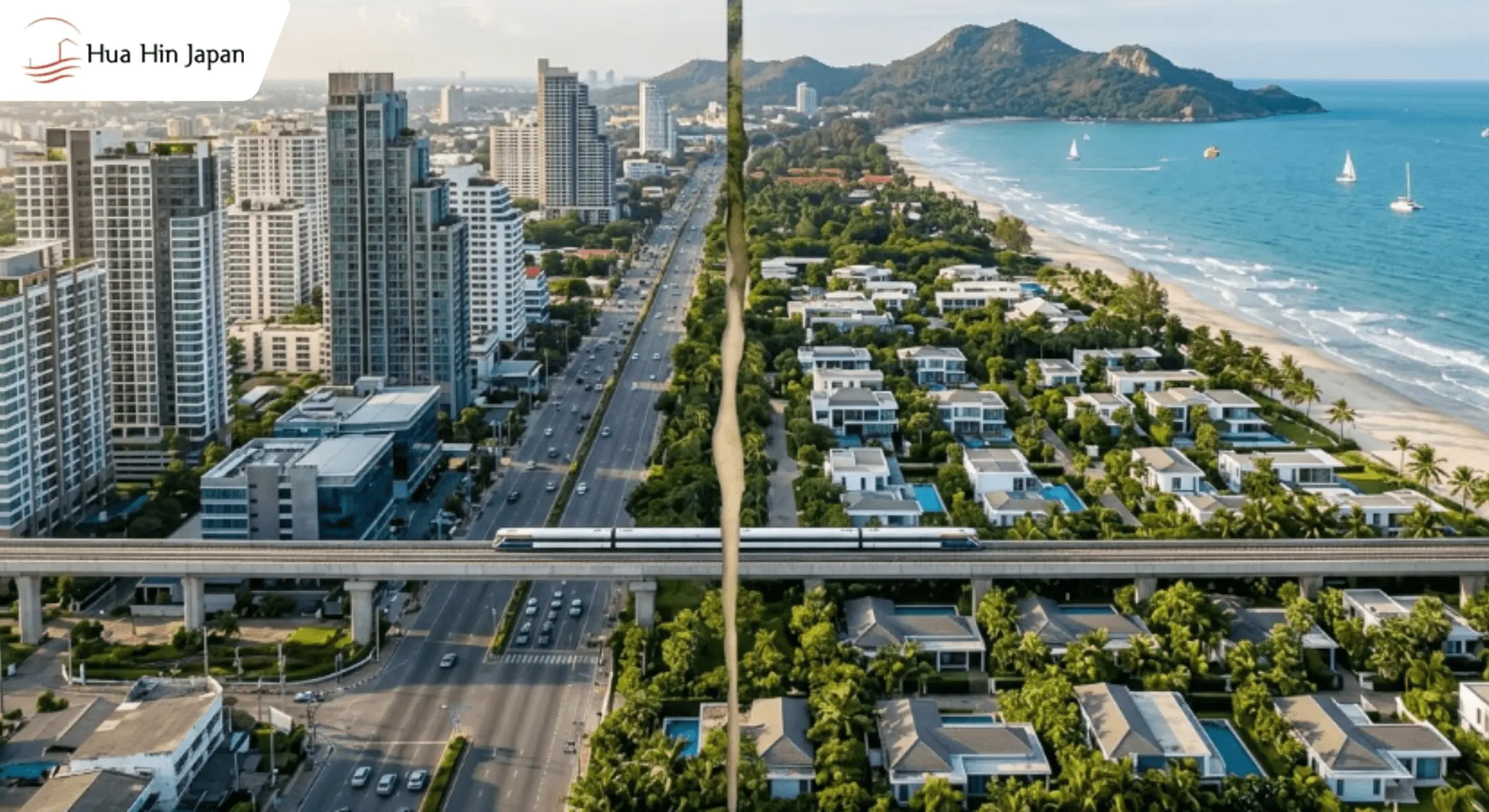 Split-screen aerial view comparing the dense urban skyline and transit infrastructure of Bangkok with the calm turquoise coastline and luxury pool villas of Hua Hin, Thailand.