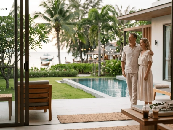 A professional couple standing on the patio of a modern tropical villa with a private pool and beachfront view in Thailand, illustrating the dream of living in a Thai home.