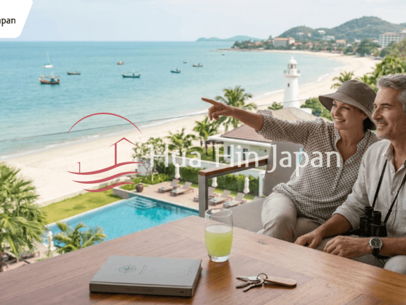 A professional European couple enjoying the view from a luxury balcony overlooking the beach and coastline in Hua Hin, Thailand, representing a successful relocation lifestyle.