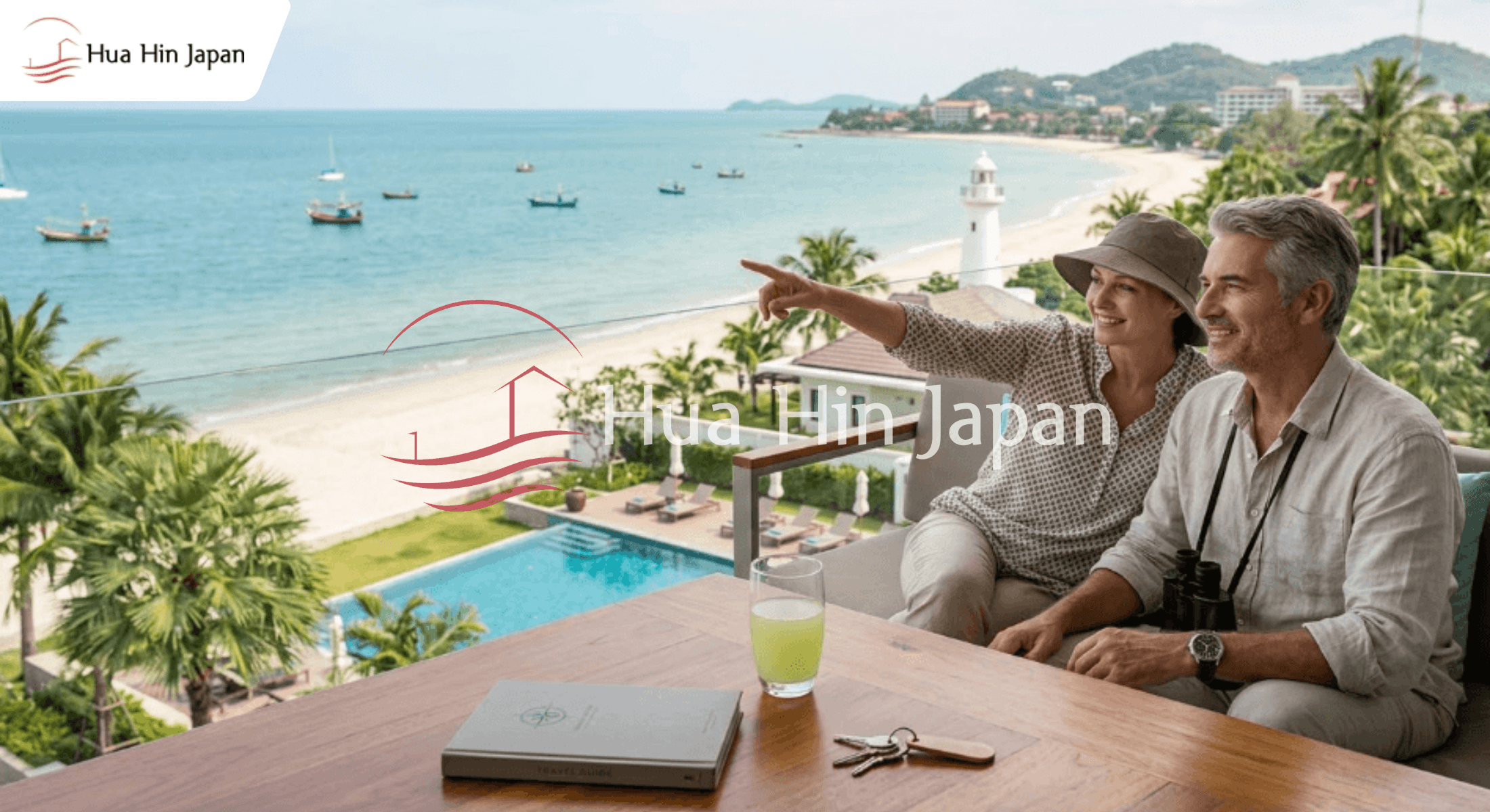 A professional European couple enjoying the view from a luxury balcony overlooking the beach and coastline in Hua Hin, Thailand, representing a successful relocation lifestyle.