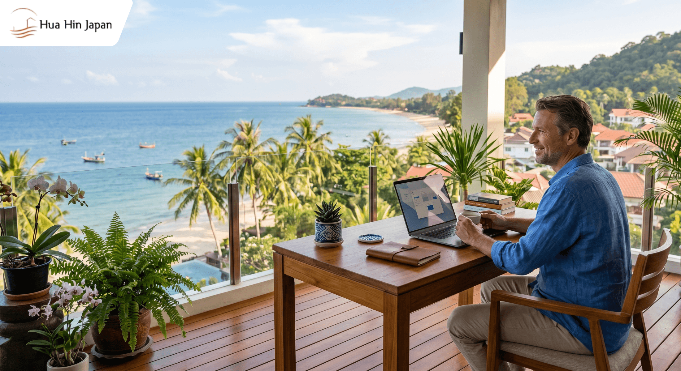 A professional male expat working on a laptop from a tropical balcony overlooking a Thai beach, representing long-term residency and the digital nomad lifestyle in Thailand.