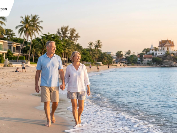 A senior expat couple walking along the sandy beach in Hua Hin, Thailand, during sunset with luxury villas and a Thai temple in the background.