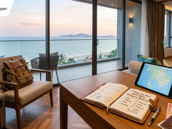 Modern luxury apartment interior in Thailand overlooking the ocean, featuring a relocation planning checklist and passport, representing a professional guide for moving to Thailand.