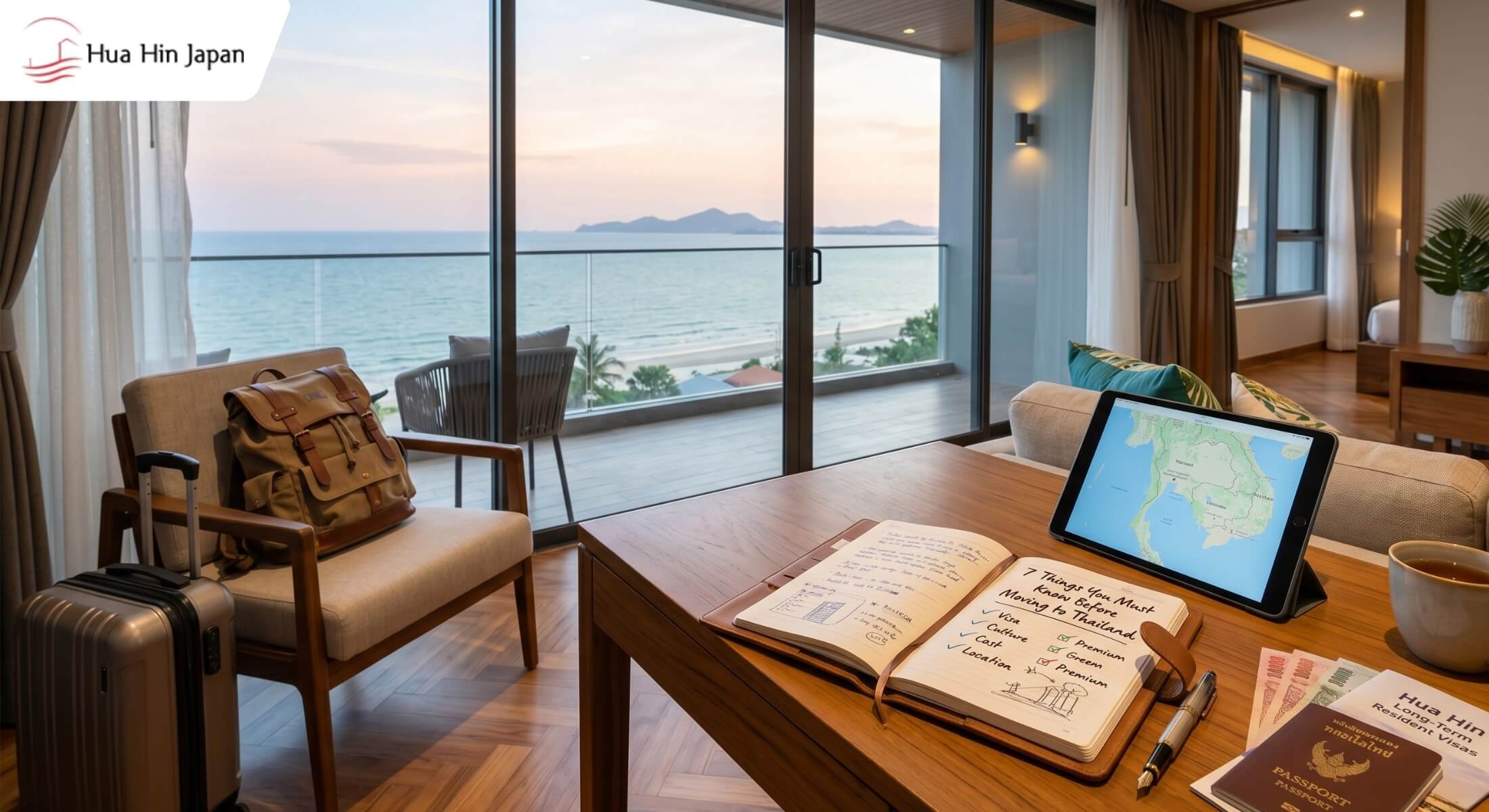 Modern luxury apartment interior in Thailand overlooking the ocean, featuring a relocation planning checklist and passport, representing a professional guide for moving to Thailand.
