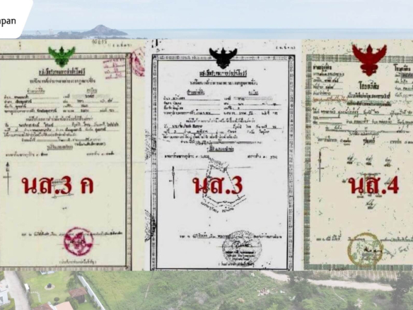 Comparison of Thai land title deeds showing Nor Sor 3 Gor with green garuda, Nor Sor 3 with black garuda, and Chanote Nor Sor 4 with red garuda symbol.