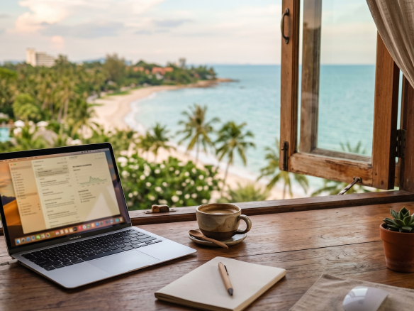 Internet & Working Remotely from Hua Hin with laptop on a table infront beach