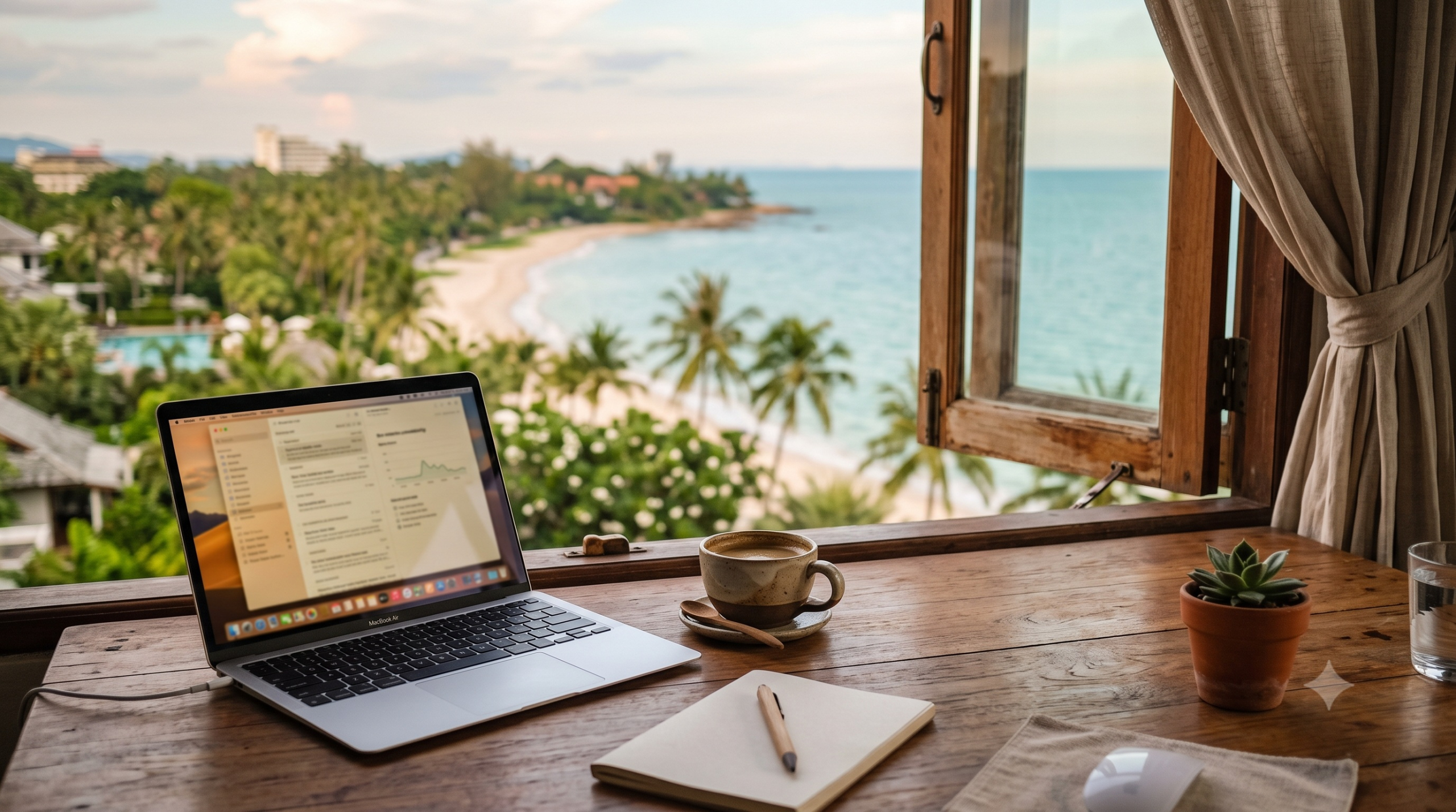 Internet & Working Remotely from Hua Hin with laptop on a table infront beach
