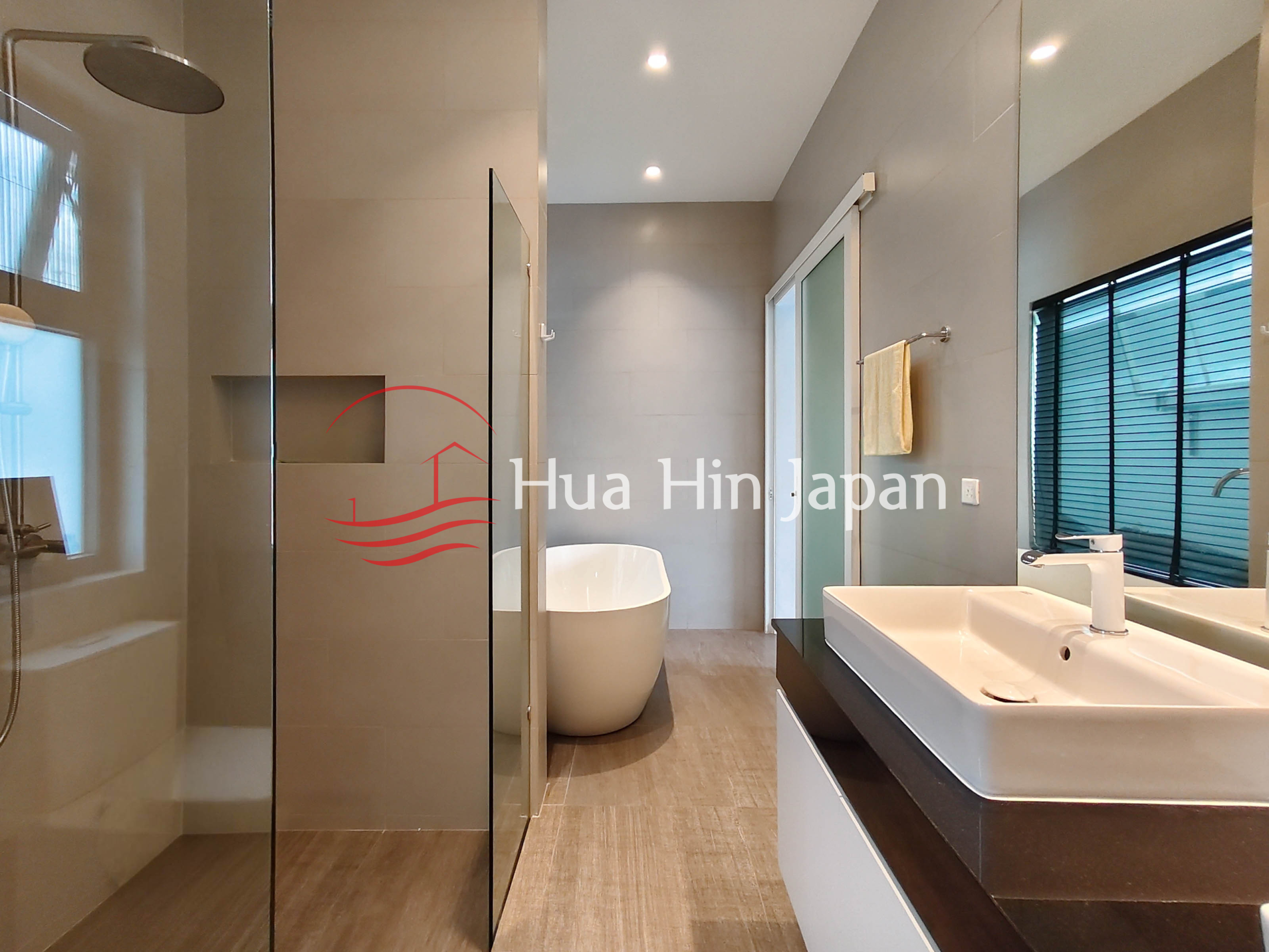 Modern bathroom with glass shower, freestanding bathtub and vanity sink