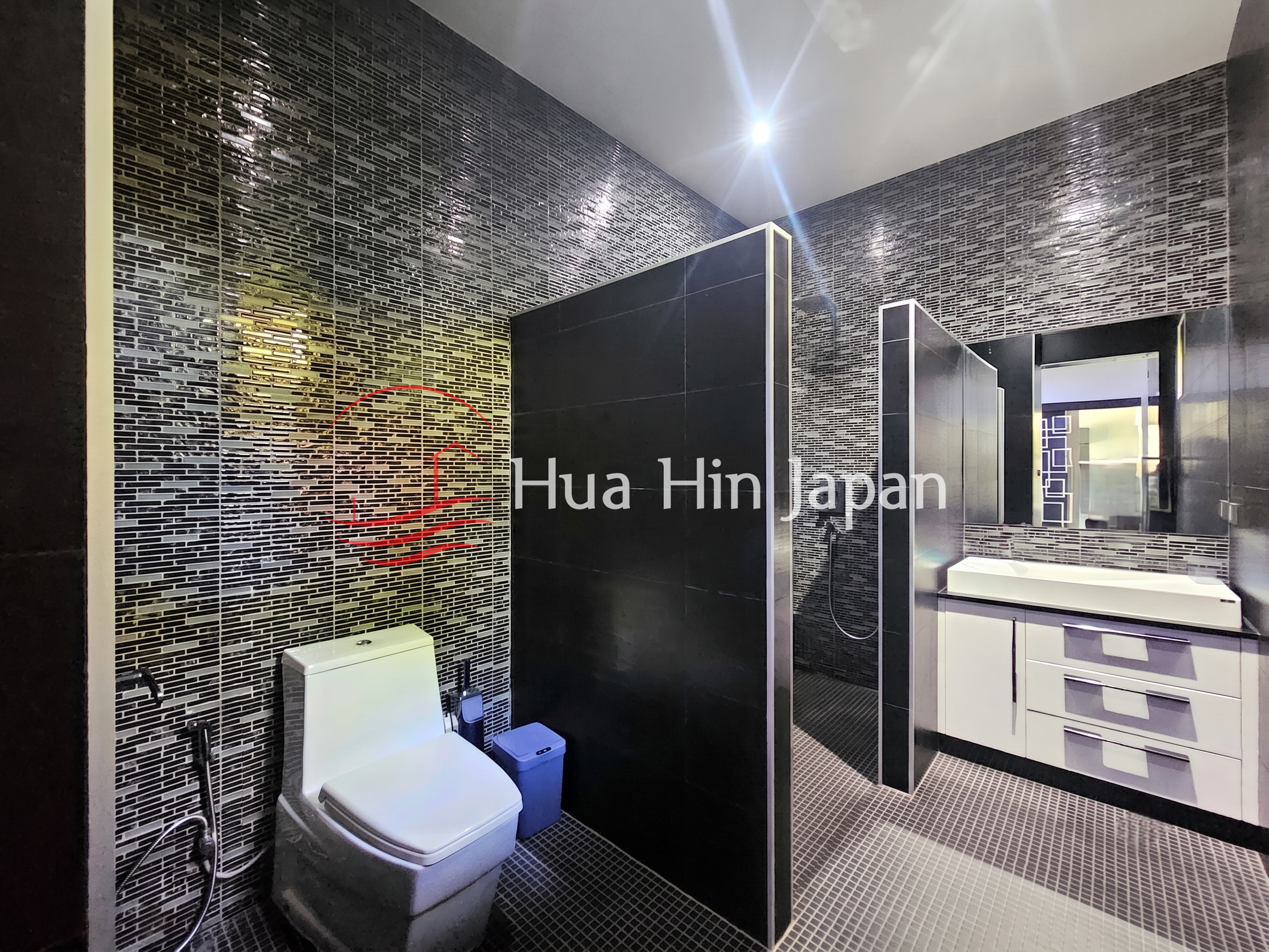 Modern bathroom with black mosaic wall tiles, a white toilet, glass shower enclosure, vanity, and large mirror
