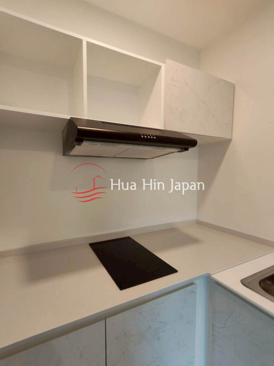 Modern compact kitchen with white cabinets, countertop, black induction cooktop, and stainless steel range hood