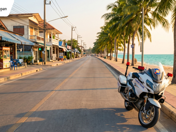 Tourist Police motorbike parked along a quiet, sunlit beachfront road lined with palm trees and local shops in central Hua Hin at golden hour.