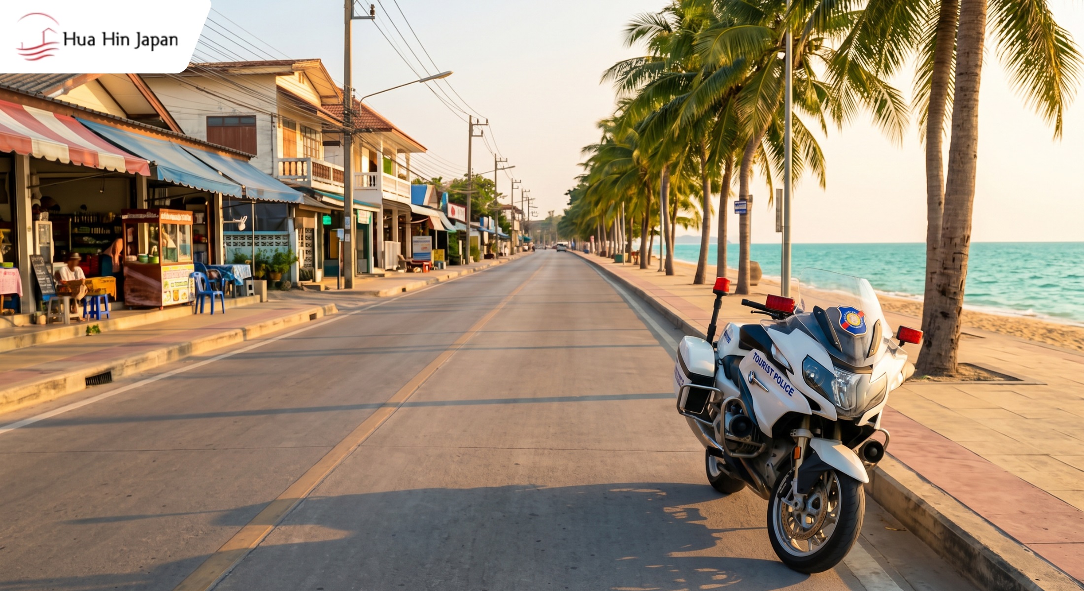 Tourist Police motorbike parked along a quiet, sunlit beachfront road lined with palm trees and local shops in central Hua Hin at golden hour.