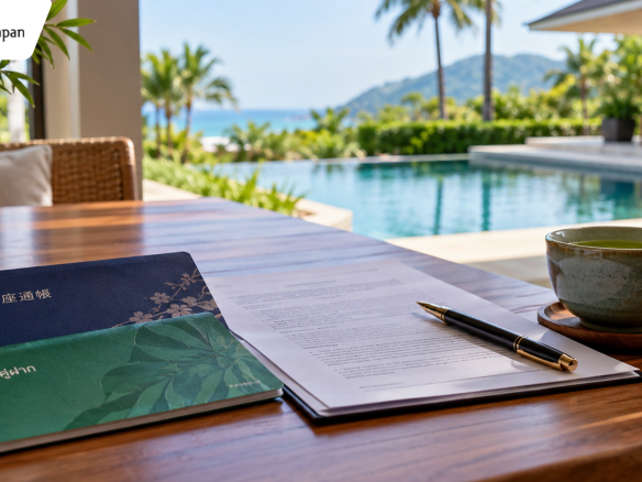 Japanese and Thai bank passbooks with property sale agreement on a Hua Hin villa terrace