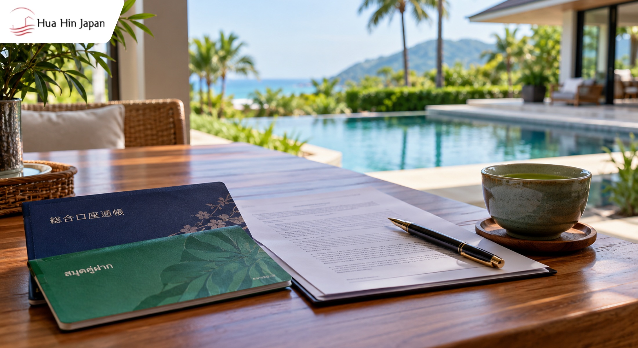 Japanese and Thai bank passbooks with property sale agreement on a Hua Hin villa terrace