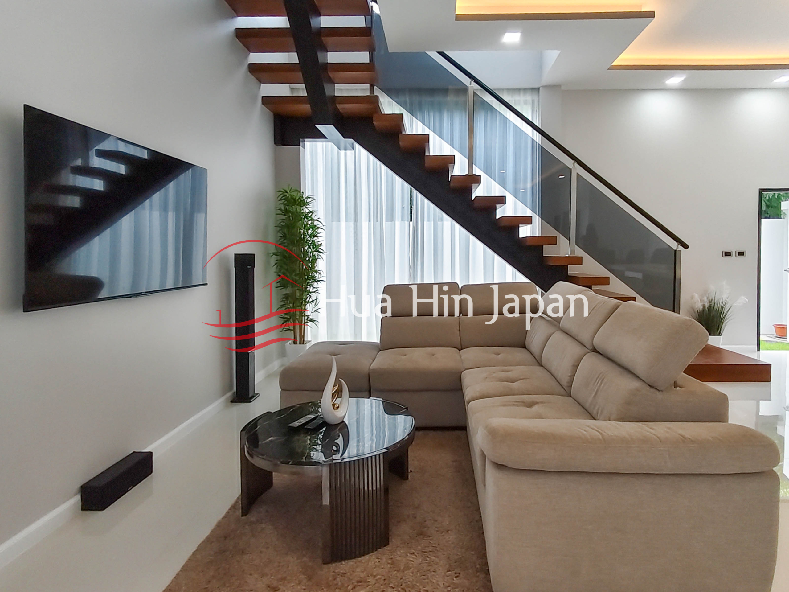 Brand New - Luxury 4 Bed Room Pool Villa drawing area and big tv and stair