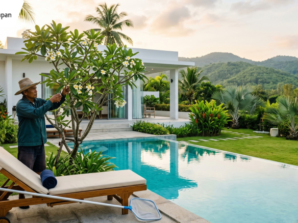 Gardener trimming a frangipani tree beside a private pool at a modern Hua Hin villa in the early morning.