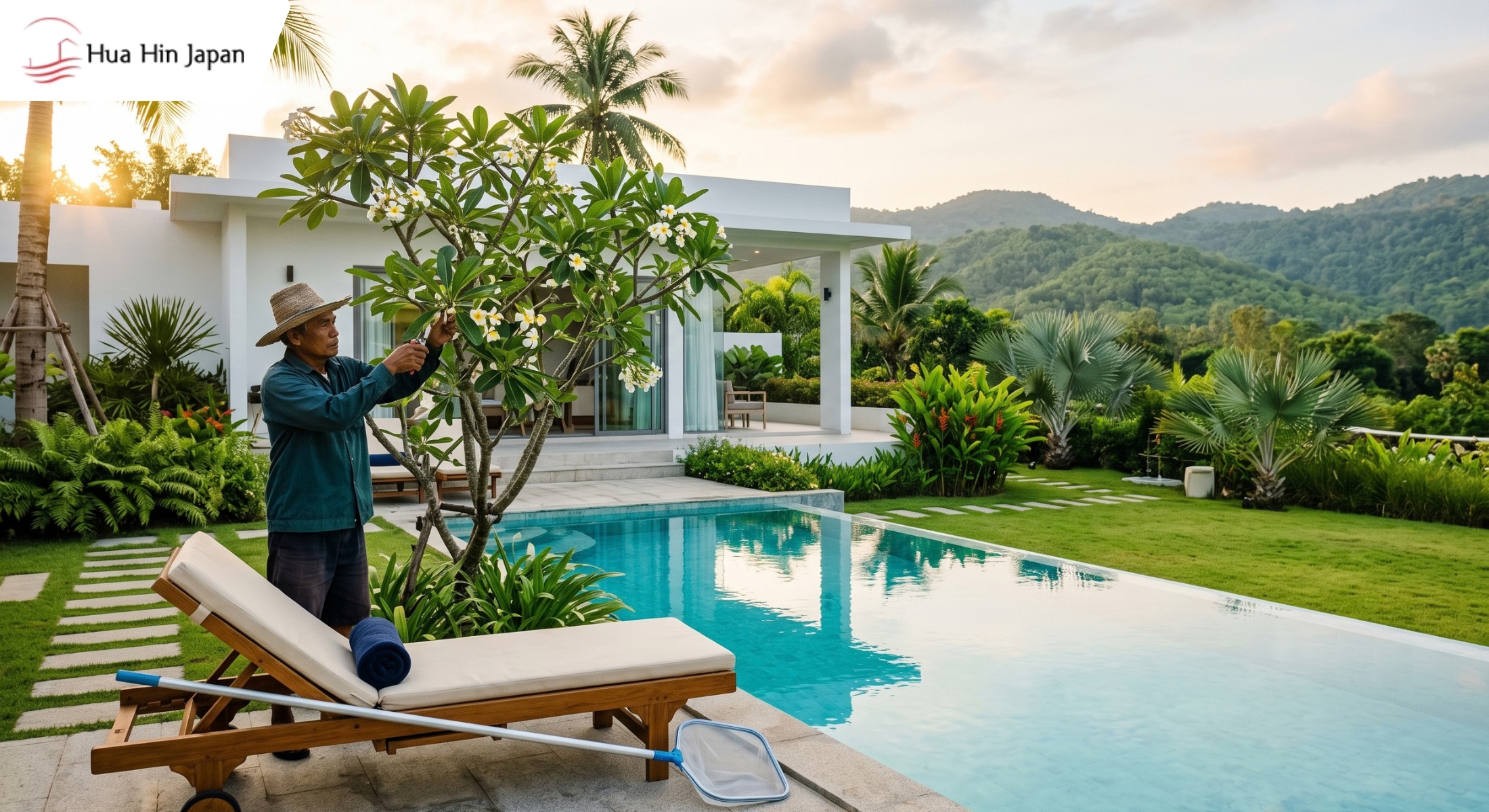 Gardener trimming a frangipani tree beside a private pool at a modern Hua Hin villa in the early morning.