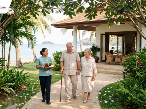 Elderly expat couple walking with a caregiver toward a single-storey villa in Hua Hin