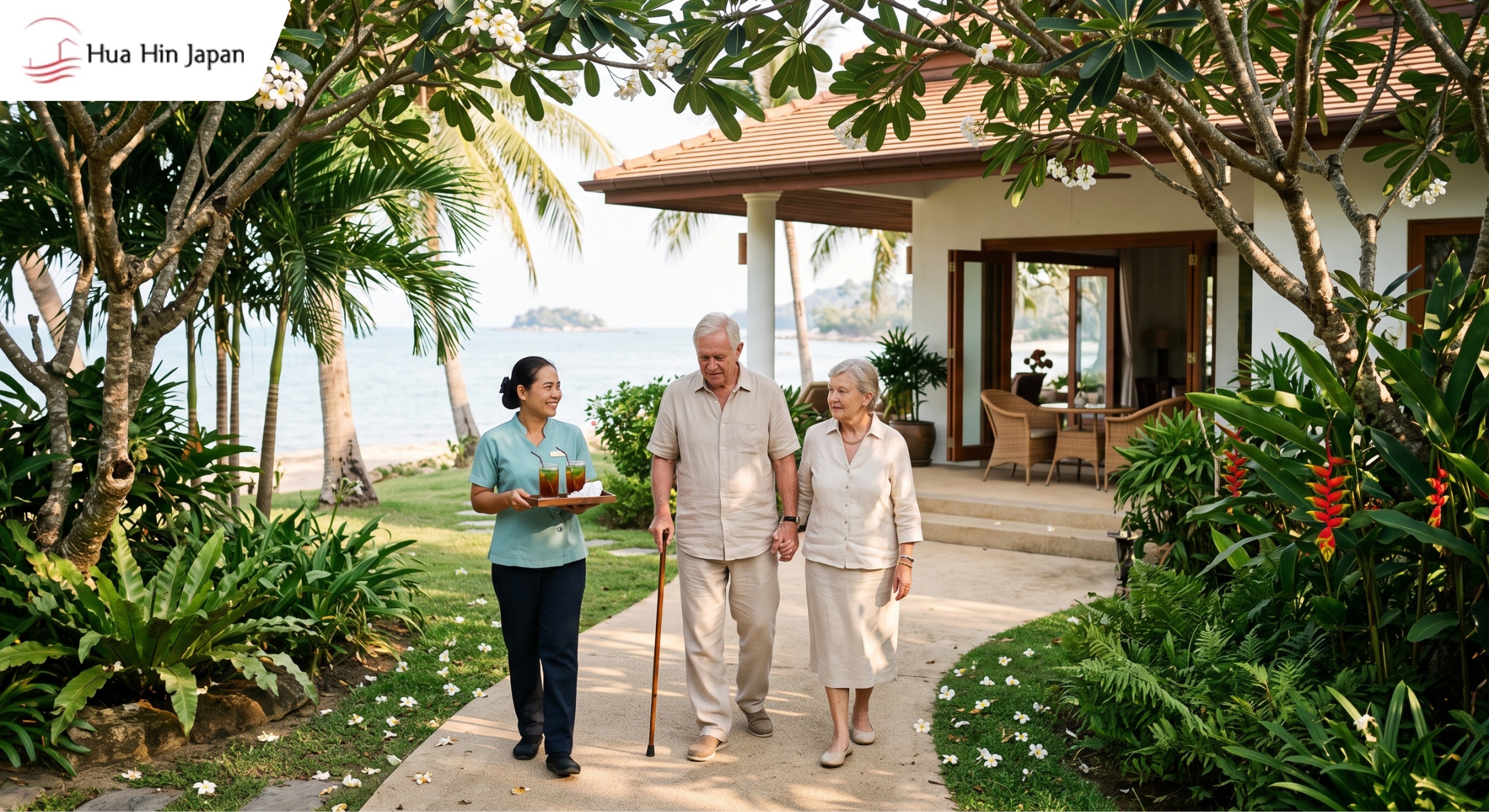 Elderly expat couple walking with a caregiver toward a single-storey villa in Hua Hin